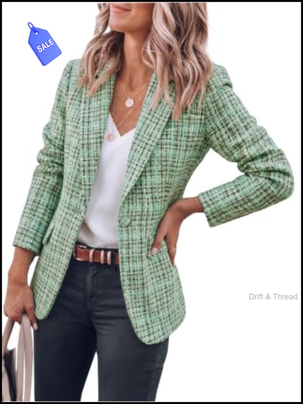 Plaid Tweed Blazer Open Front Business Casual Loose Fit Notch Collar